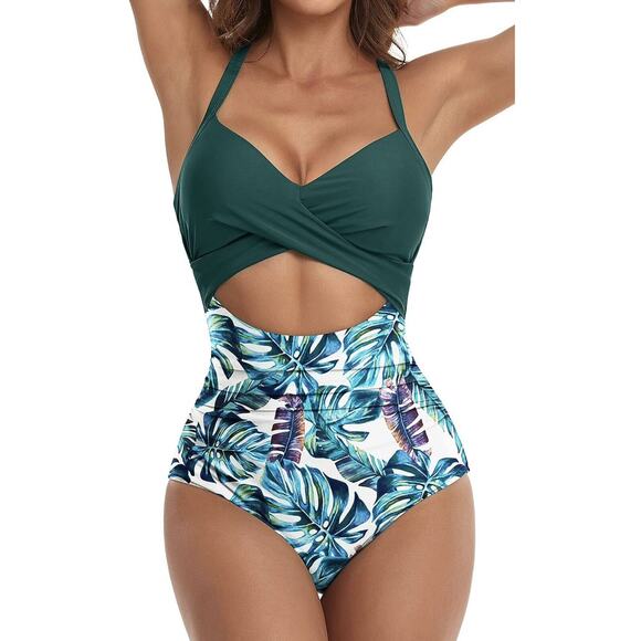 Eomenie Women’s One Piece TEAL Swimsuit Tummy Control Cutout High Waisted Wrap - Picture 1 of 5